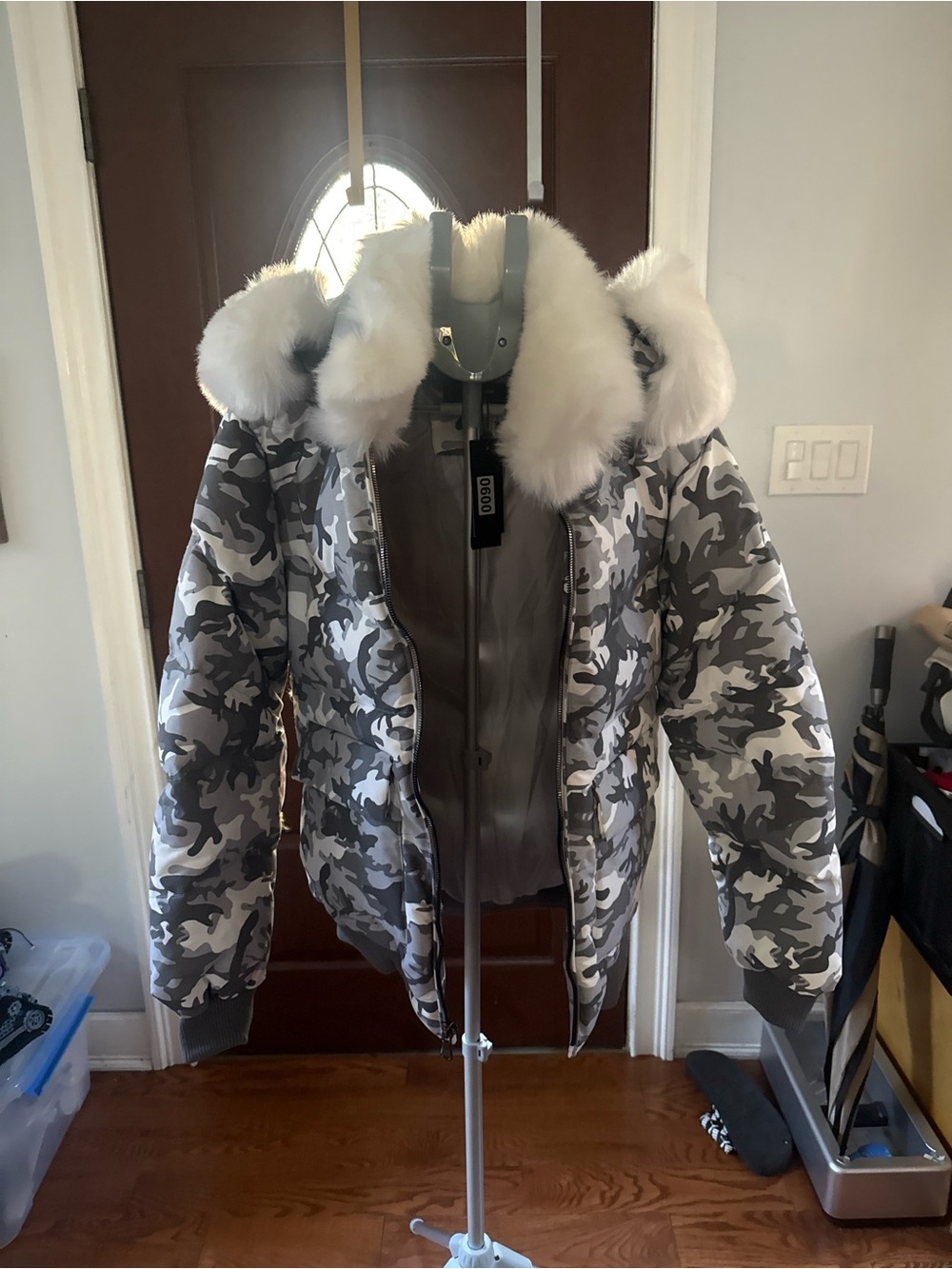 Jordan Craig Gray Camouflage Bomber Jacket with White Faux Fur Hood